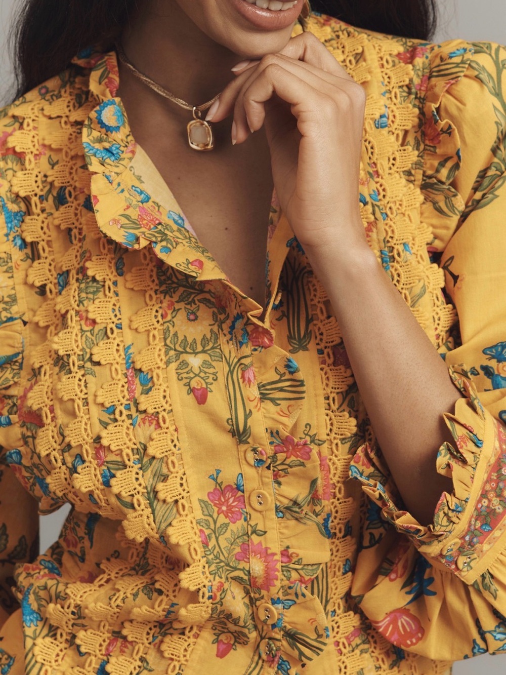 FARM Rio Mustard Floral Crochet-Trim Peasant Blouse - Picture 2 of 3